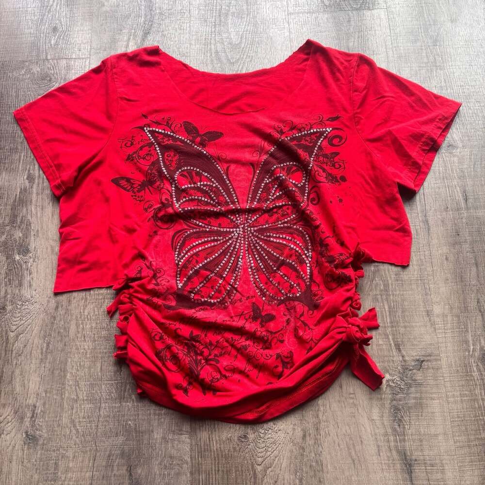 Y2K Red Butterfly Graphic Rhinestone Embellished Asymmetrical Scrunch Side Top